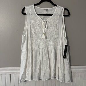 Tribal Embroidered Babydoll Sleeveless Blouse Tassel Tie-Up Neckline White Sz L